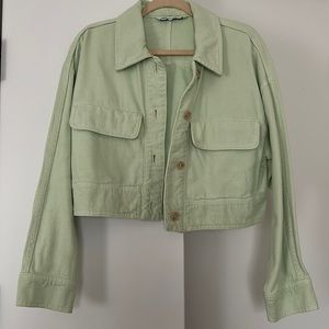 Zara cropped faded neon green denim jacket